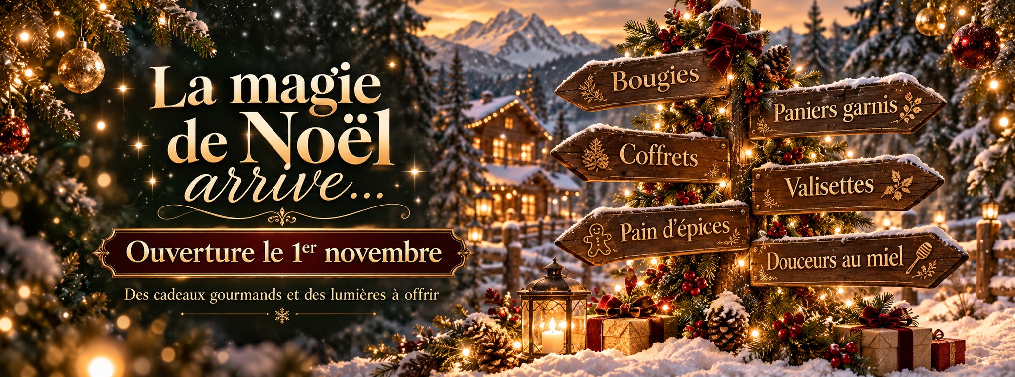 La magie de Noël arrive… Ouverture le 1er novembre. Bougies, paniers garnis, coffrets, valisettes, pain d’épices et douceurs au miel.