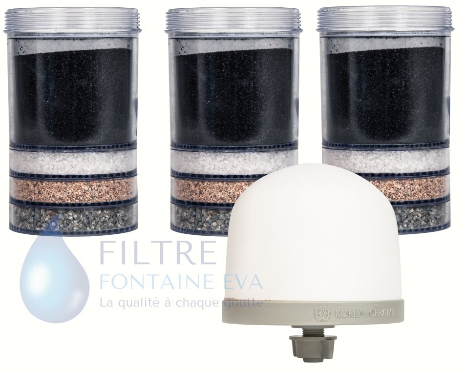 Pack Filtres EVA: 3 Cartouches de Charbon et Filtre Céramique pour Fontaines Filtrantes 7L, 12L, 25L