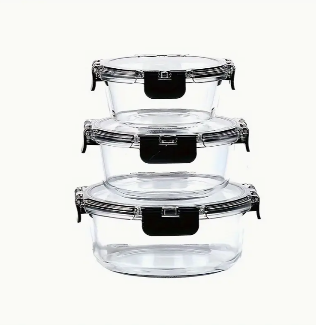 3 Boîtes en verre alimentaire hermétiques rondes empilées