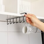 Support en fer sous étagère avec 6 crochets pour mugs, tasses, ustensiles noir avec main.