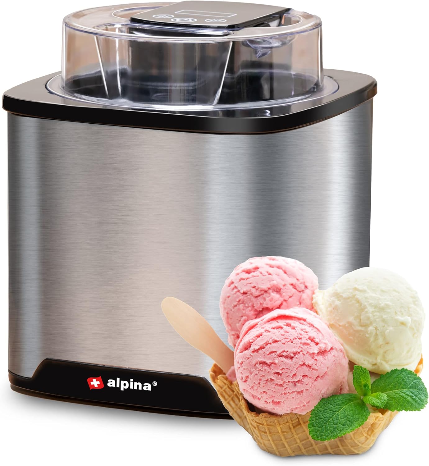 alpina Sorbetiere - Machine a Glace - Turbine a Glace pour Sorbetières, Glace Italienne et Yaourt Glacé - Sorbetiere Turbine a Glace 2L - Arrêt Automatique - Acier Inoxydable - Argenté