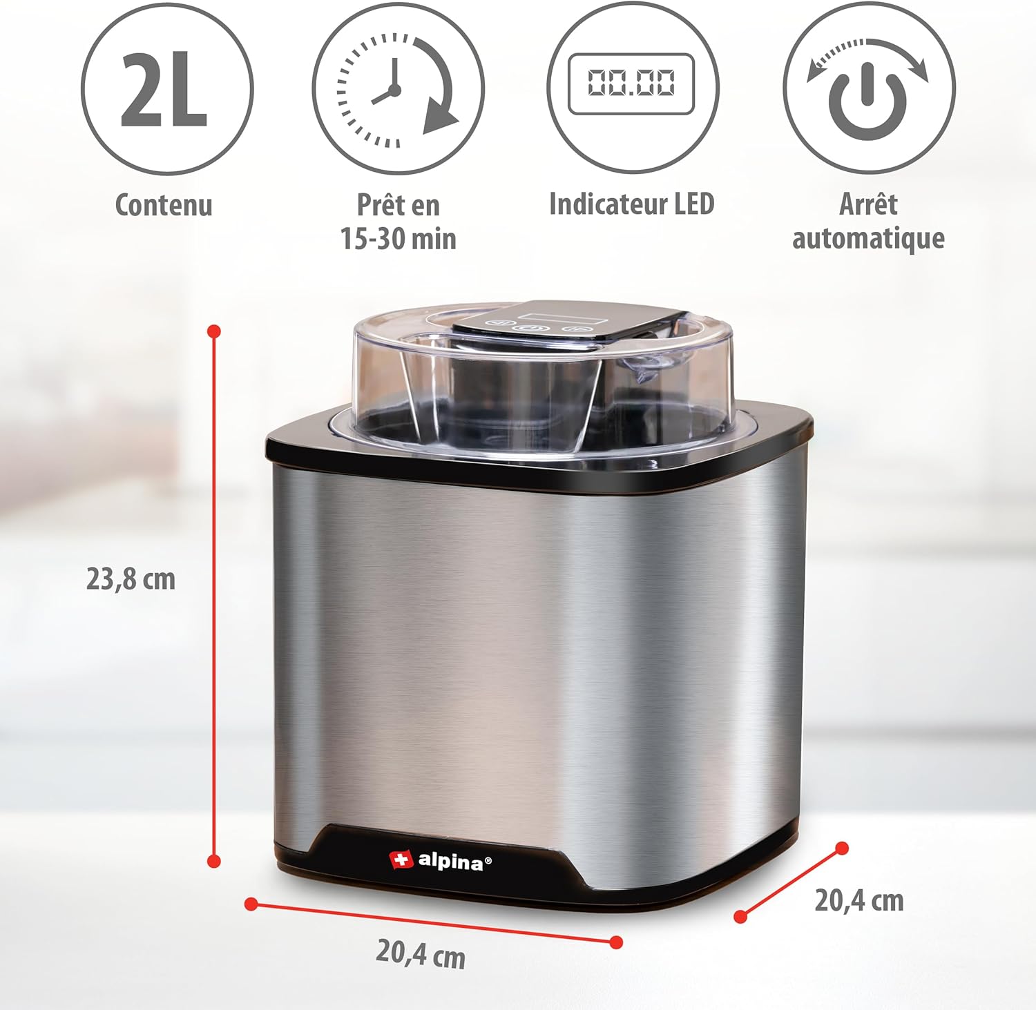 alpina Sorbetiere - Machine a Glace - Turbine a Glace pour Sorbetières, Glace Italienne et Yaourt Glacé - Sorbetiere Turbine a Glace 2L - Arrêt Automatique - Acier Inoxydable - Argenté — miniature 2