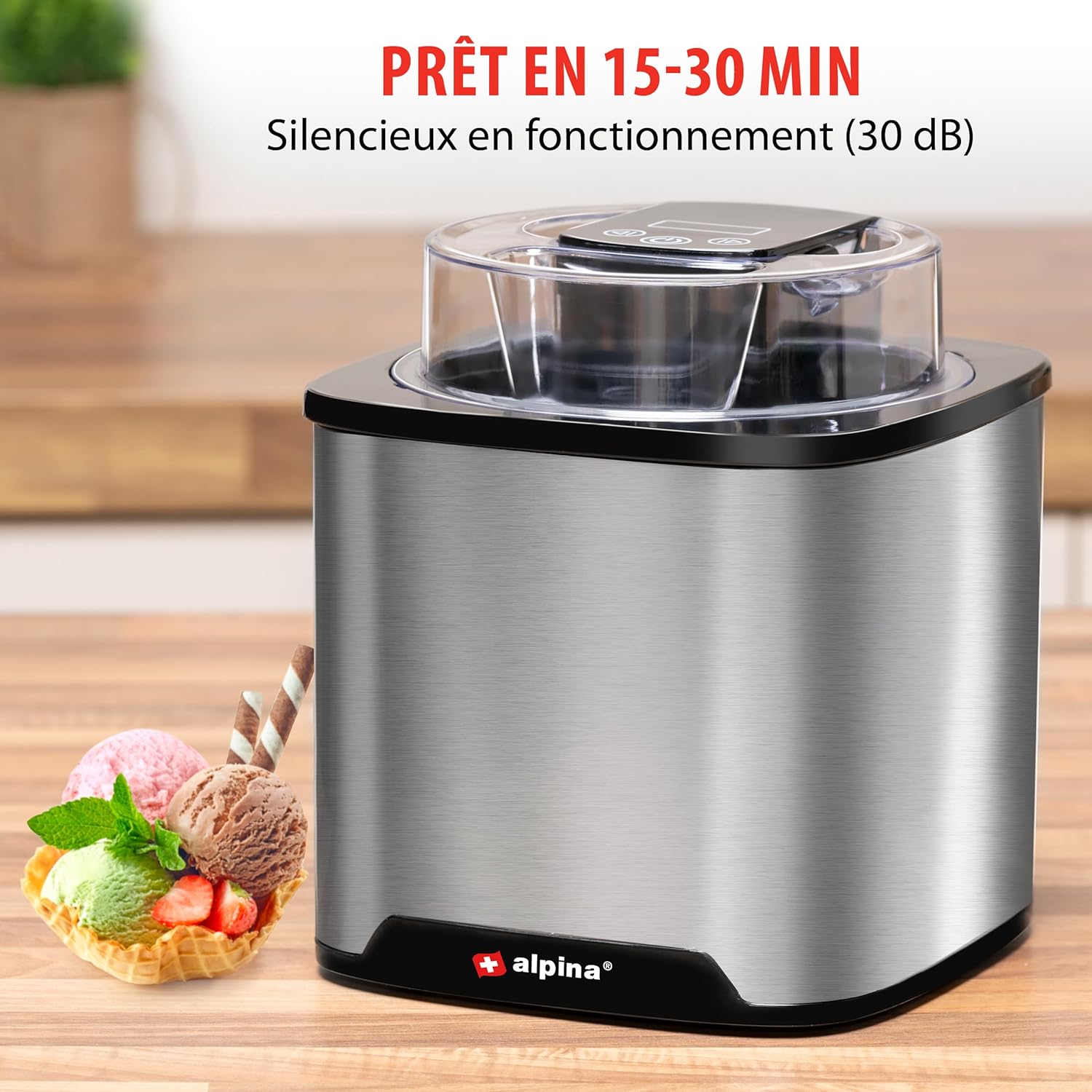 alpina Sorbetiere - Machine a Glace - Turbine a Glace pour Sorbetières, Glace Italienne et Yaourt Glacé - Sorbetiere Turbine a Glace 2L - Arrêt Automatique - Acier Inoxydable - Argenté — miniature 3