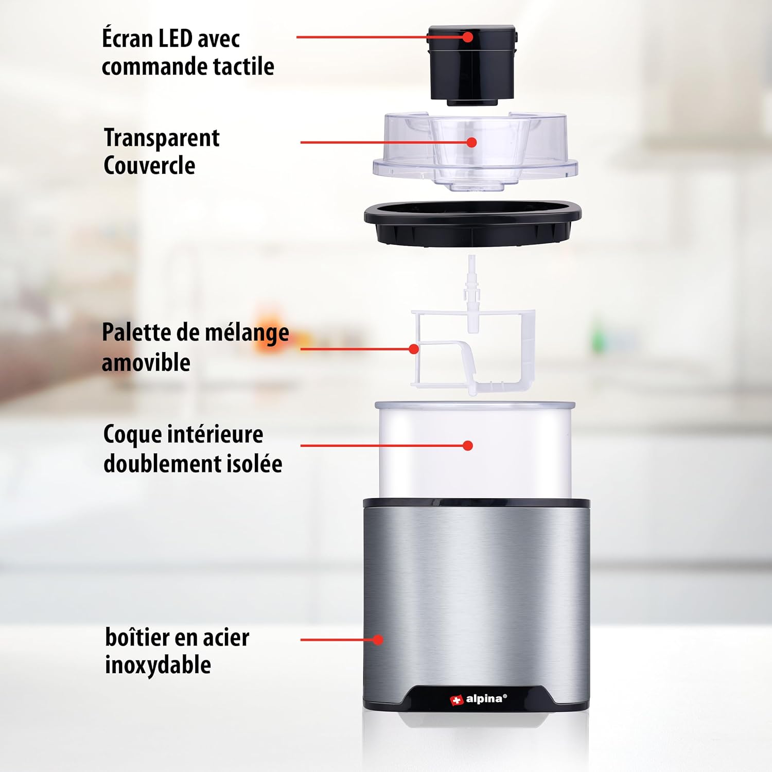 alpina Sorbetiere - Machine a Glace - Turbine a Glace pour Sorbetières, Glace Italienne et Yaourt Glacé - Sorbetiere Turbine a Glace 2L - Arrêt Automatique - Acier Inoxydable - Argenté — miniature 5