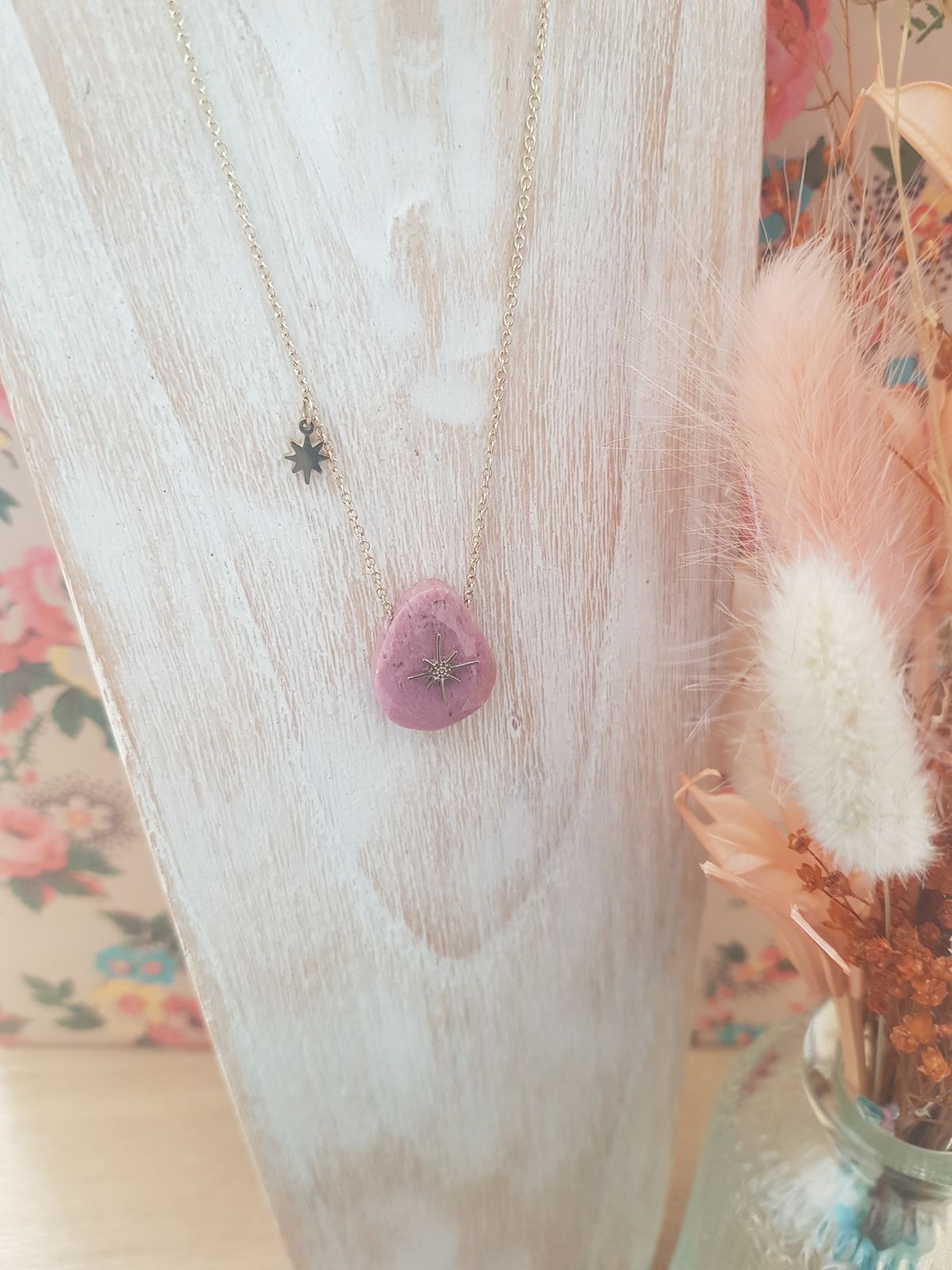 Collier acier Luna rhodonite