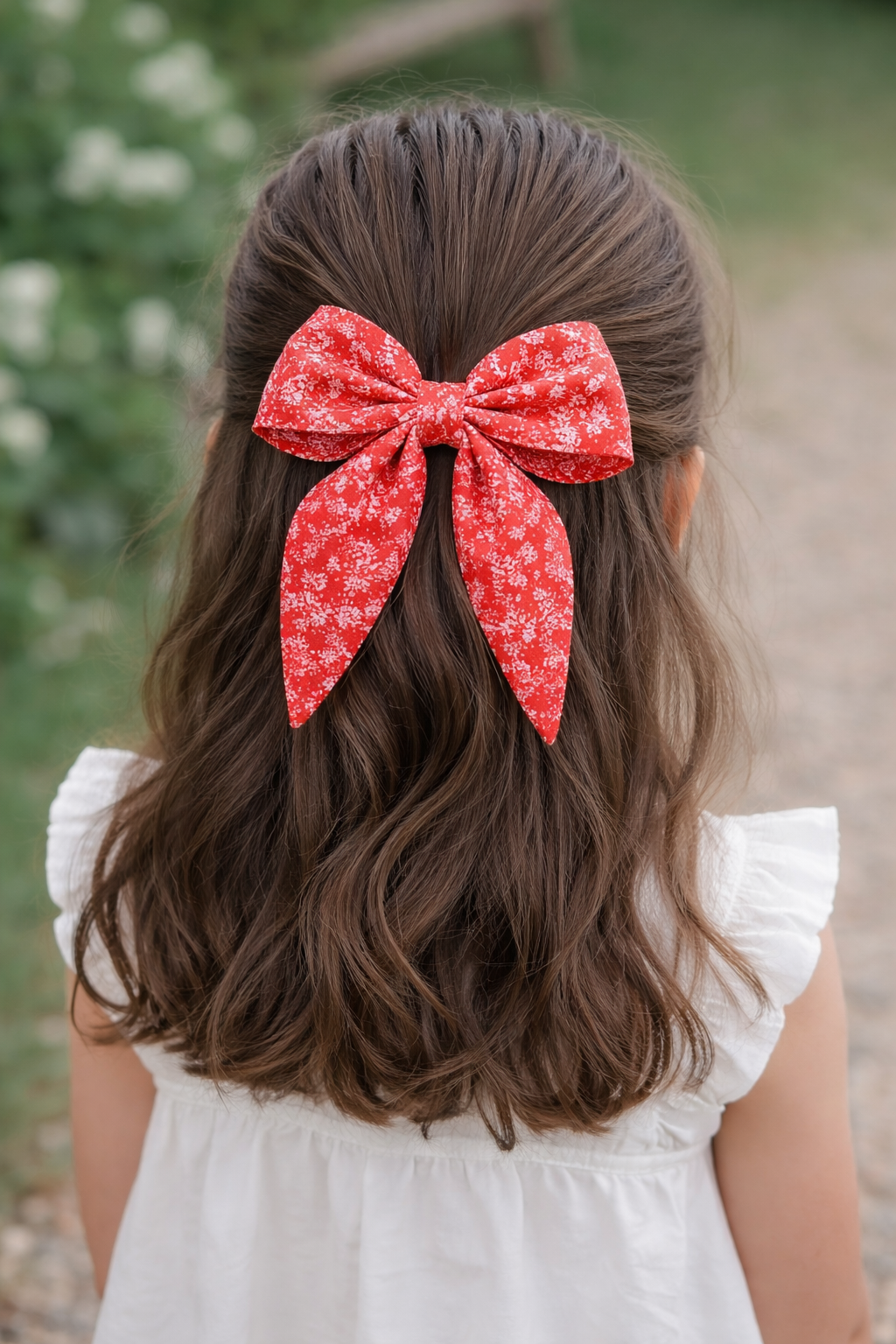 Chouette noeud rouge et cheveux bruns