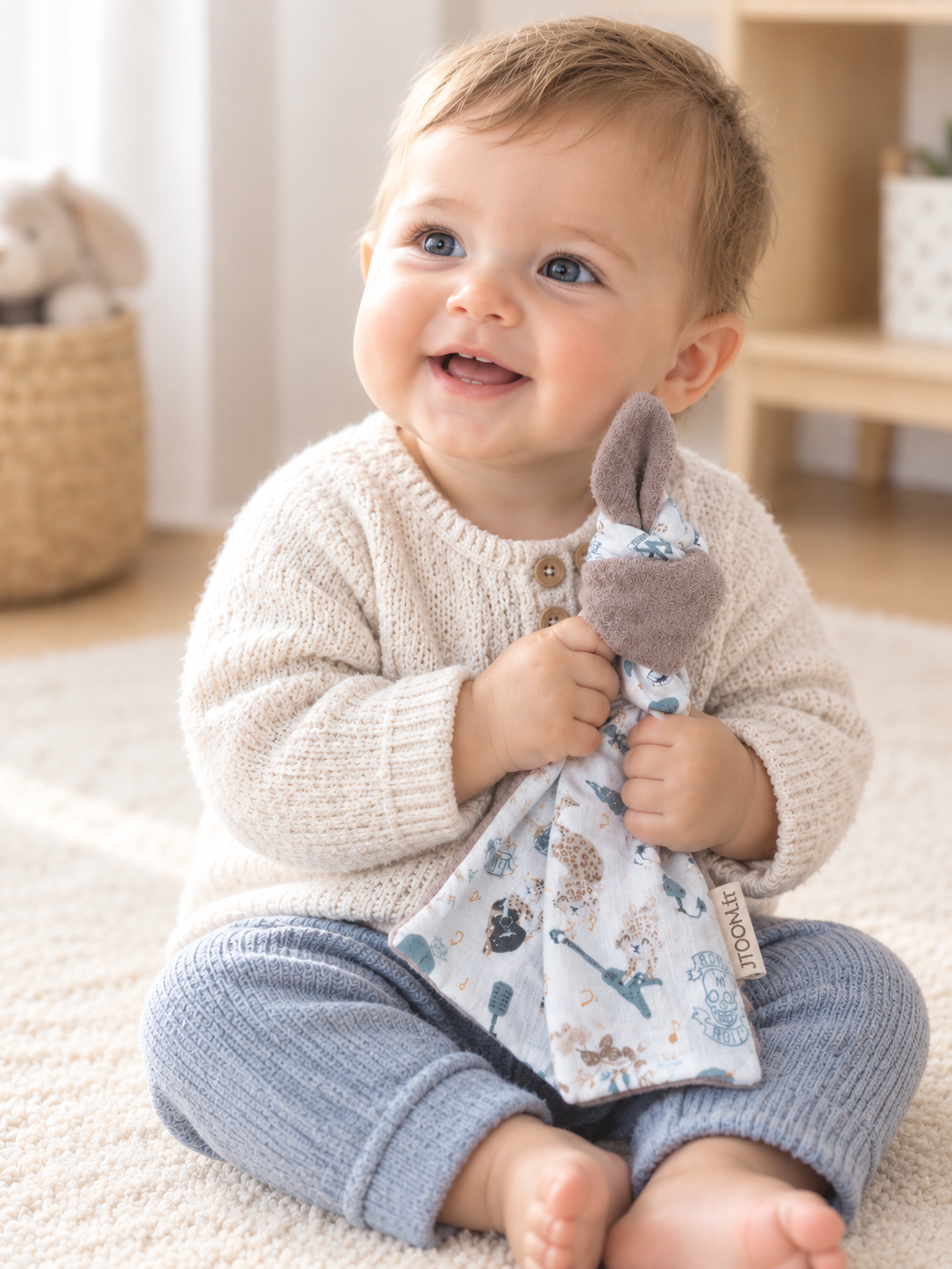 Bébé souriant avec son doudou lapin