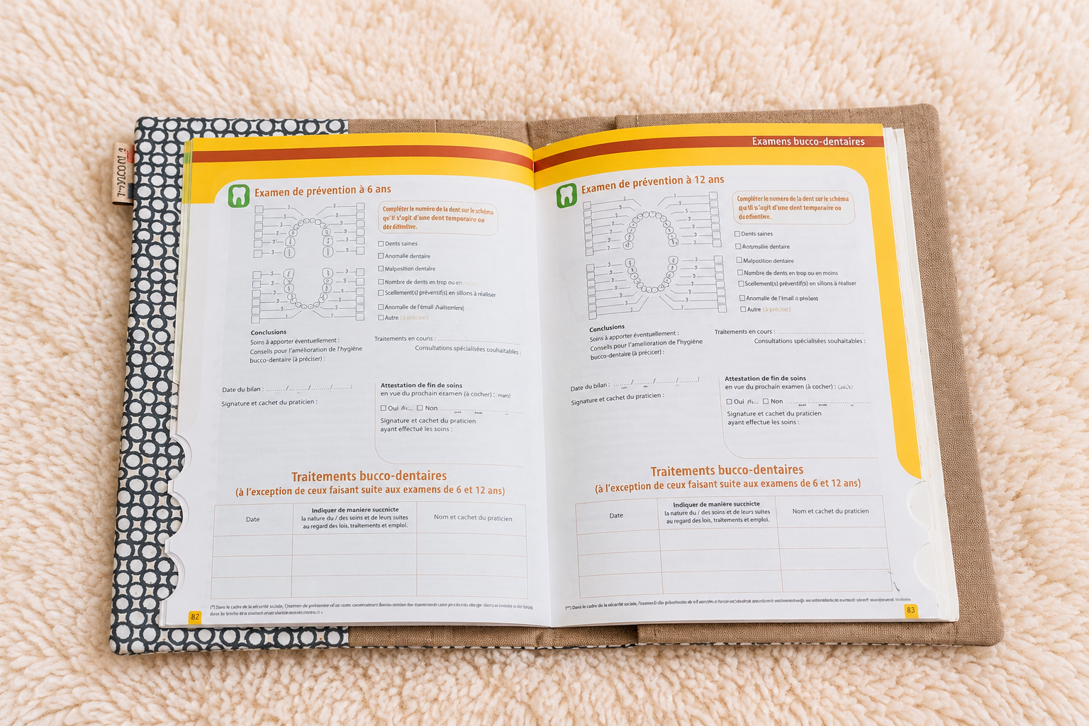 Carnet dentaire ouvert sur moquette écrue