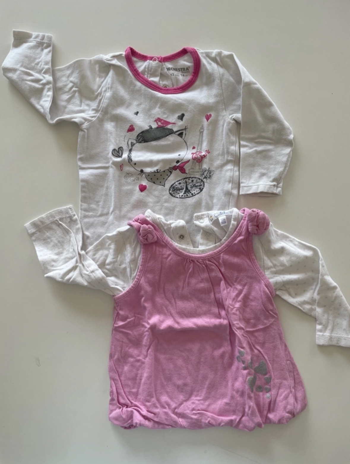 Lot de 2 t-shirts manches longues blanc et rose, Multimarques, 12 mois