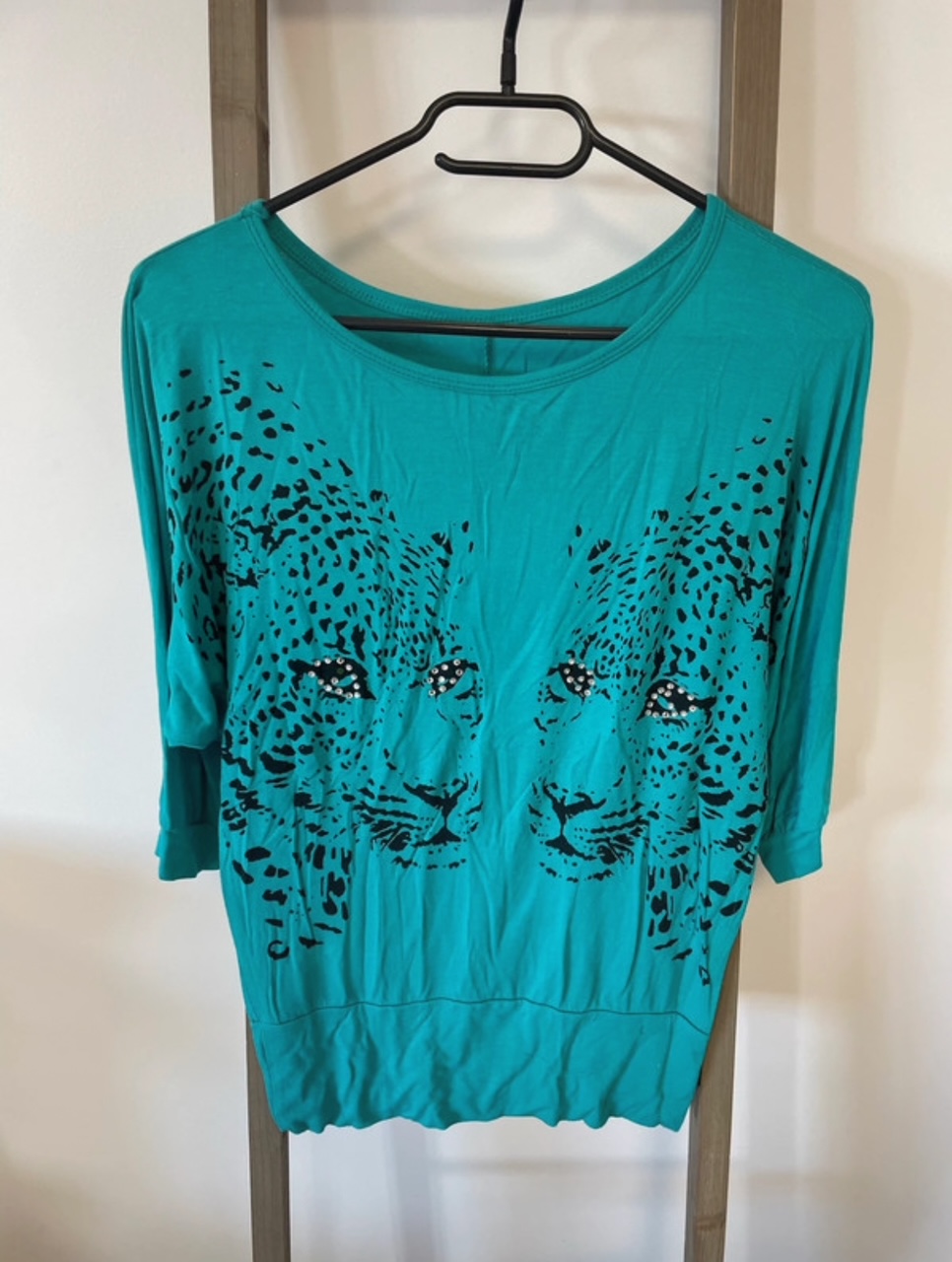 Top turquoise panthere, manches 3/4, TU