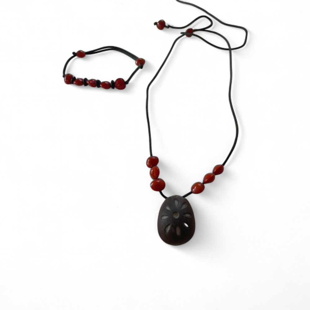 Parure collier et bracelet perles rouges et bois