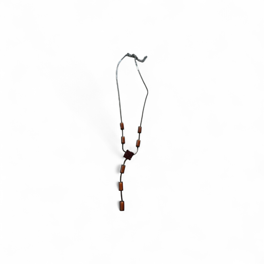 Sautoir acier et perles rectangulaires marron