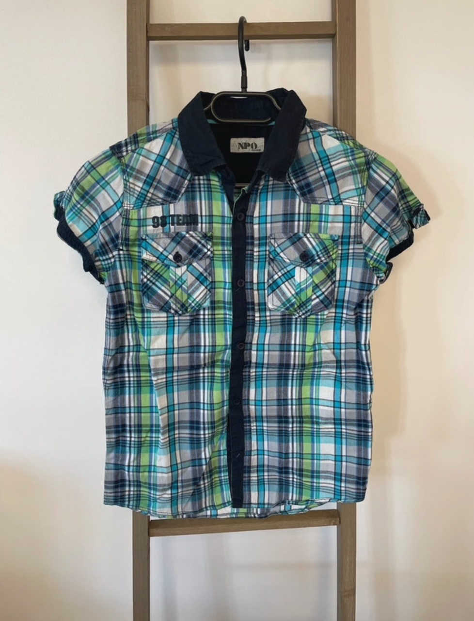 Chemise à carreaux bleu vert et gris, NPO, 12 ans