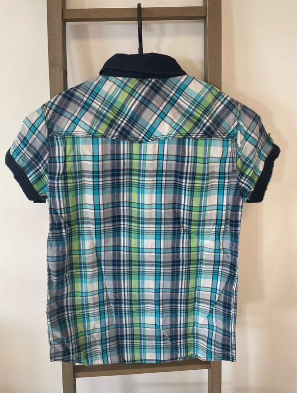 PCAR69 CHEMISE A CARREAUX BLEU VERT GRIS NPO 12 ANS DOS