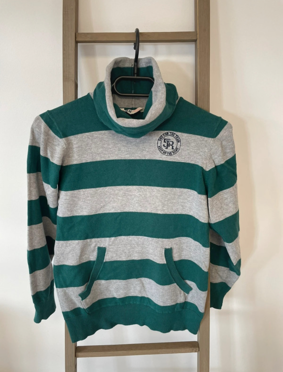 Pull col roulé gris et vert rayé, H&M, 8/10 ans