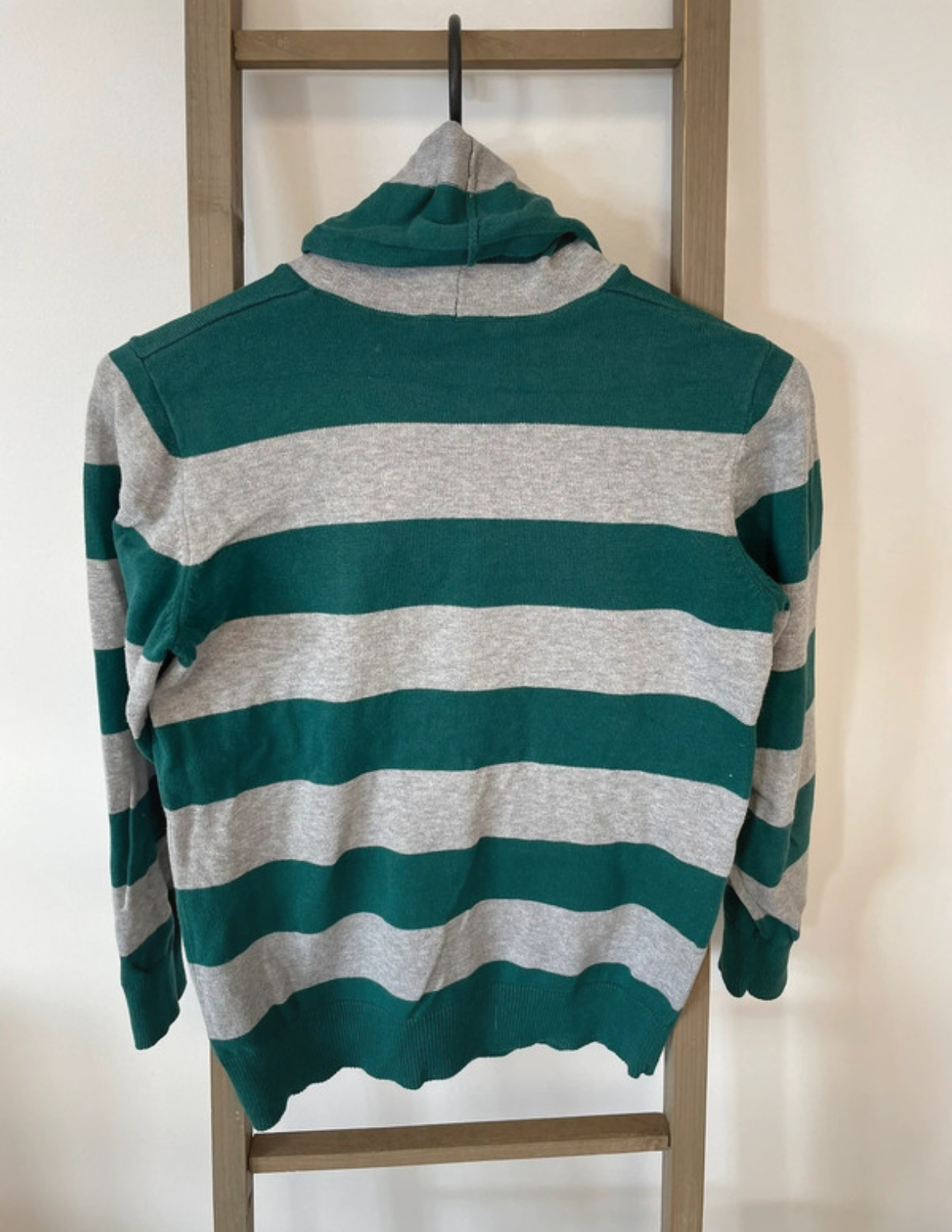 PCAR90 PULL COL ROULE GRIS ET VERT RAYE H&amp;M 8 10 ANS DOS