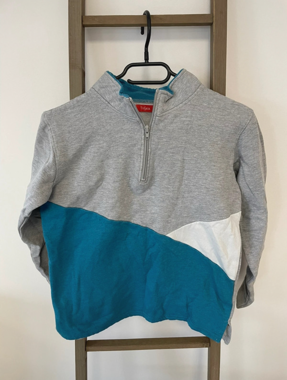 Pull col montant bleu et gris, Tissaia, 14 ans