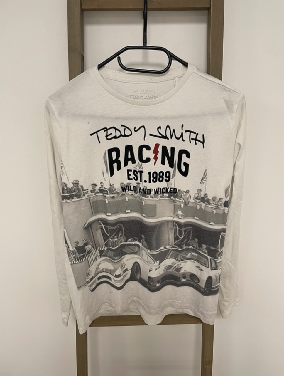 Tshirt blanc et gris, manches longues, Racing, Teddy Smith, 14 ans