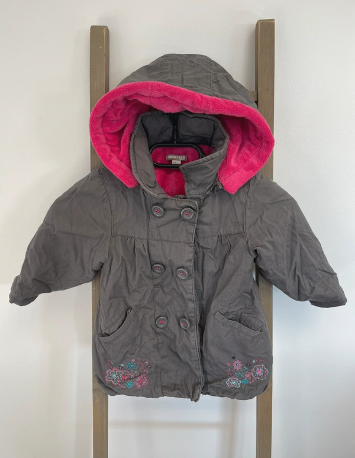 Veste grise avec capuche doublure fourrure rose, Orchestra, 18 mois