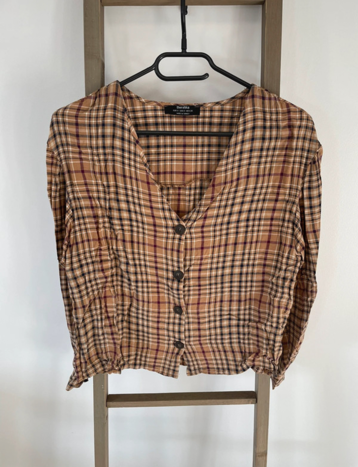 Chemise beige et marron à carreaux col V, Bershka, S