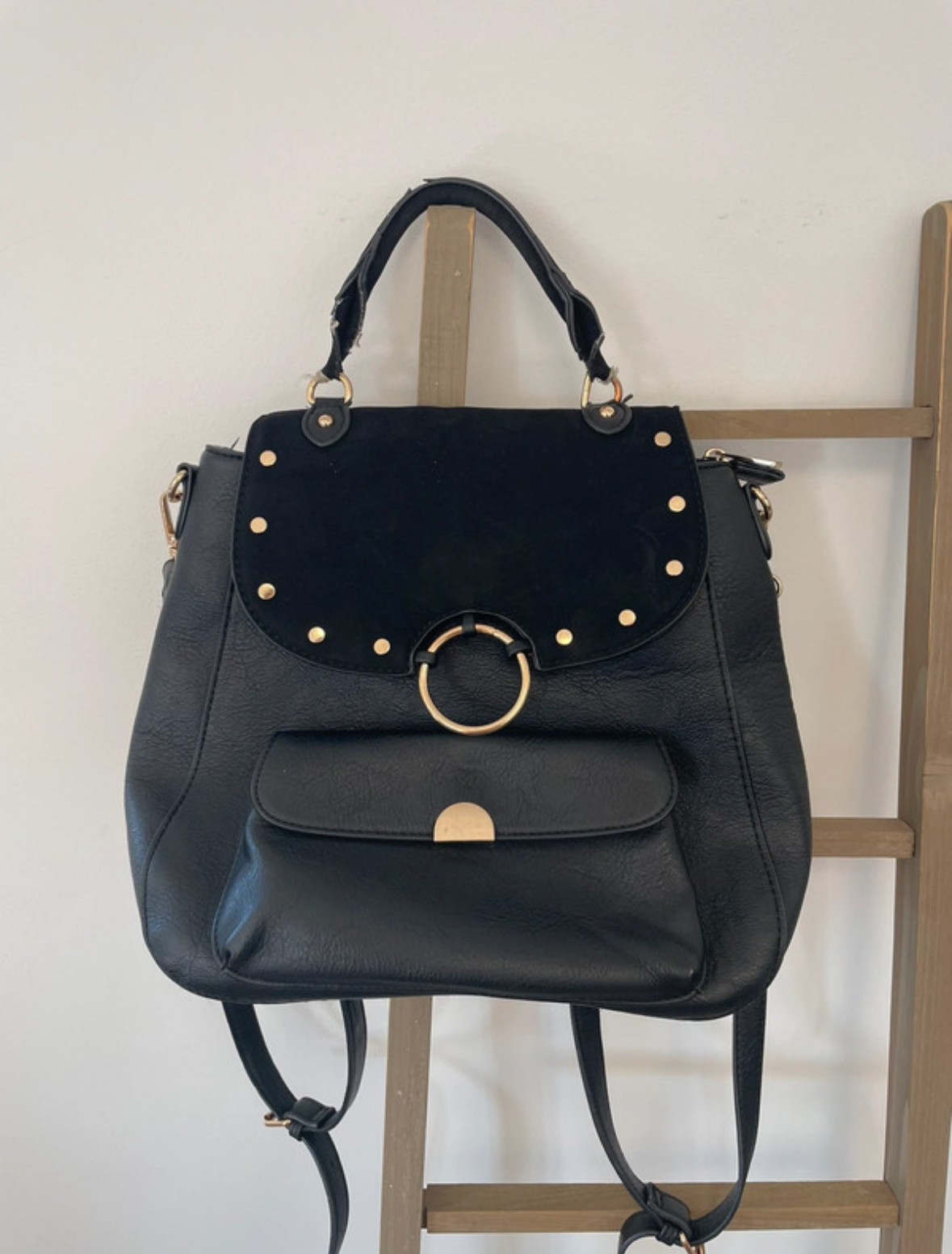 Sac à main et à dos noir bi matière, noir