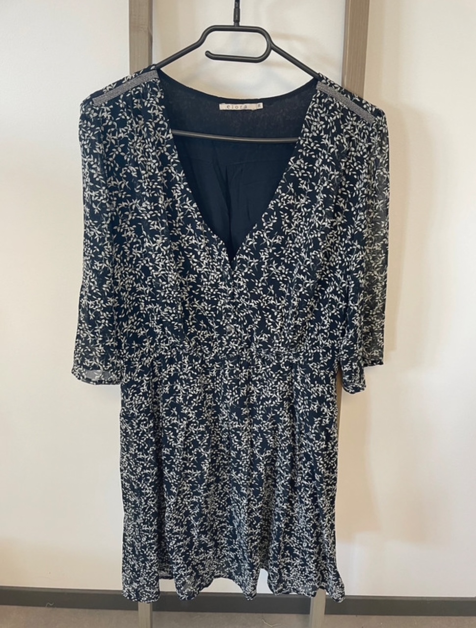 Robe noire à motifs blancs manches 3/4, Elora, 38