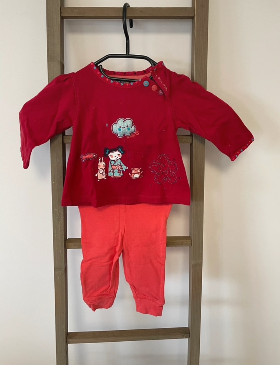 Ensemble pull rouge et pantalon corail, Compagnie des petits/Tex, 6 mois