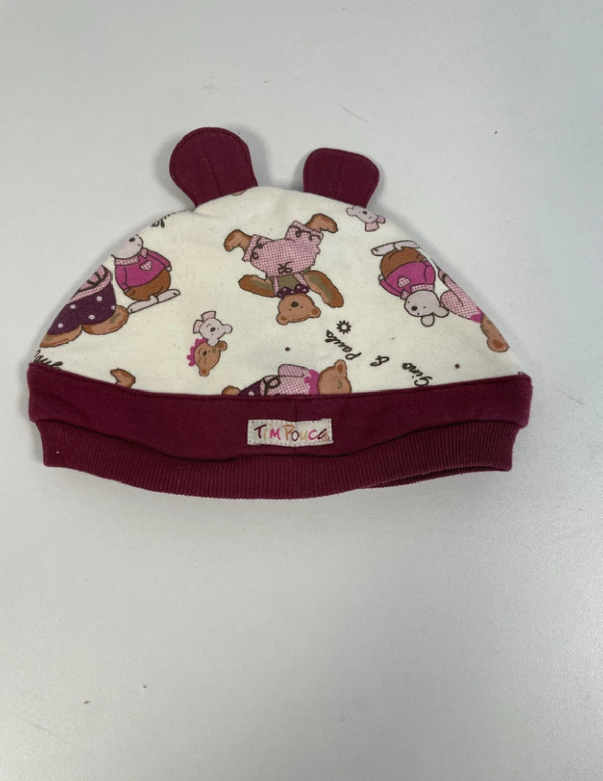 Bonnet beige et bordeaux oursons, Tim Pouce, 24 mois