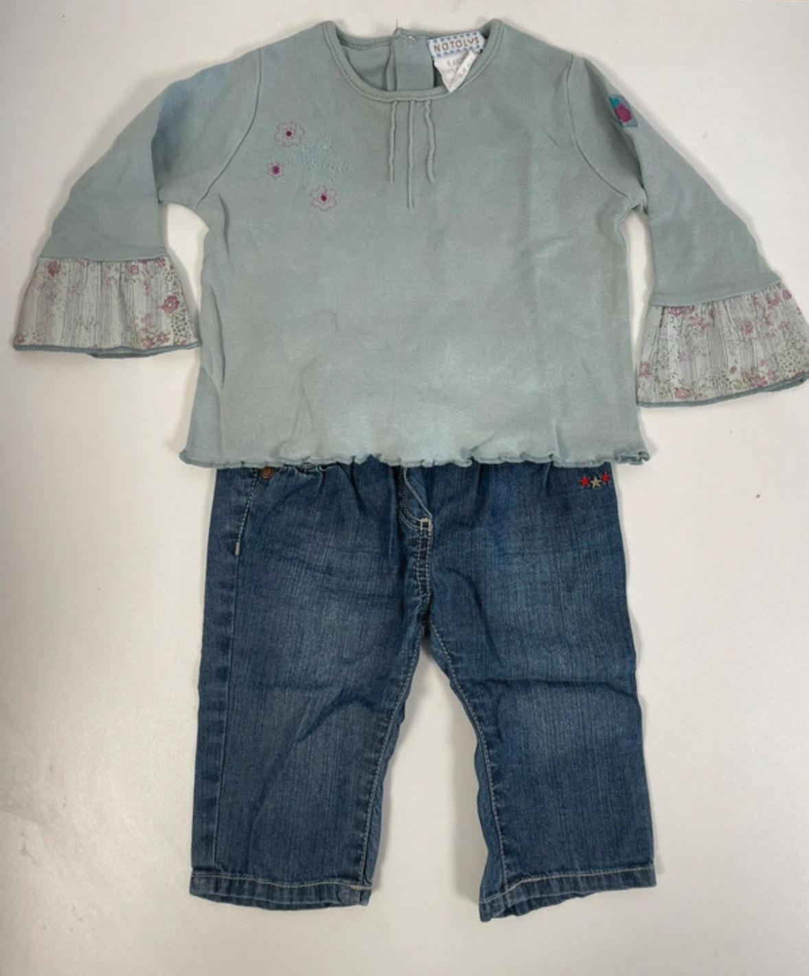 Ensemble t-shirt vert d\'eau et jean, Natalys/Obaibi, 6 mois