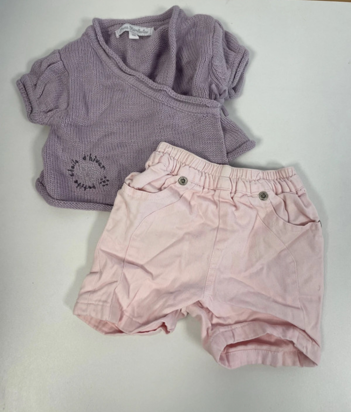Ensemble short rose et gilet en tricot parme, Petit Kimbaloo/Kiabi, 1 mois