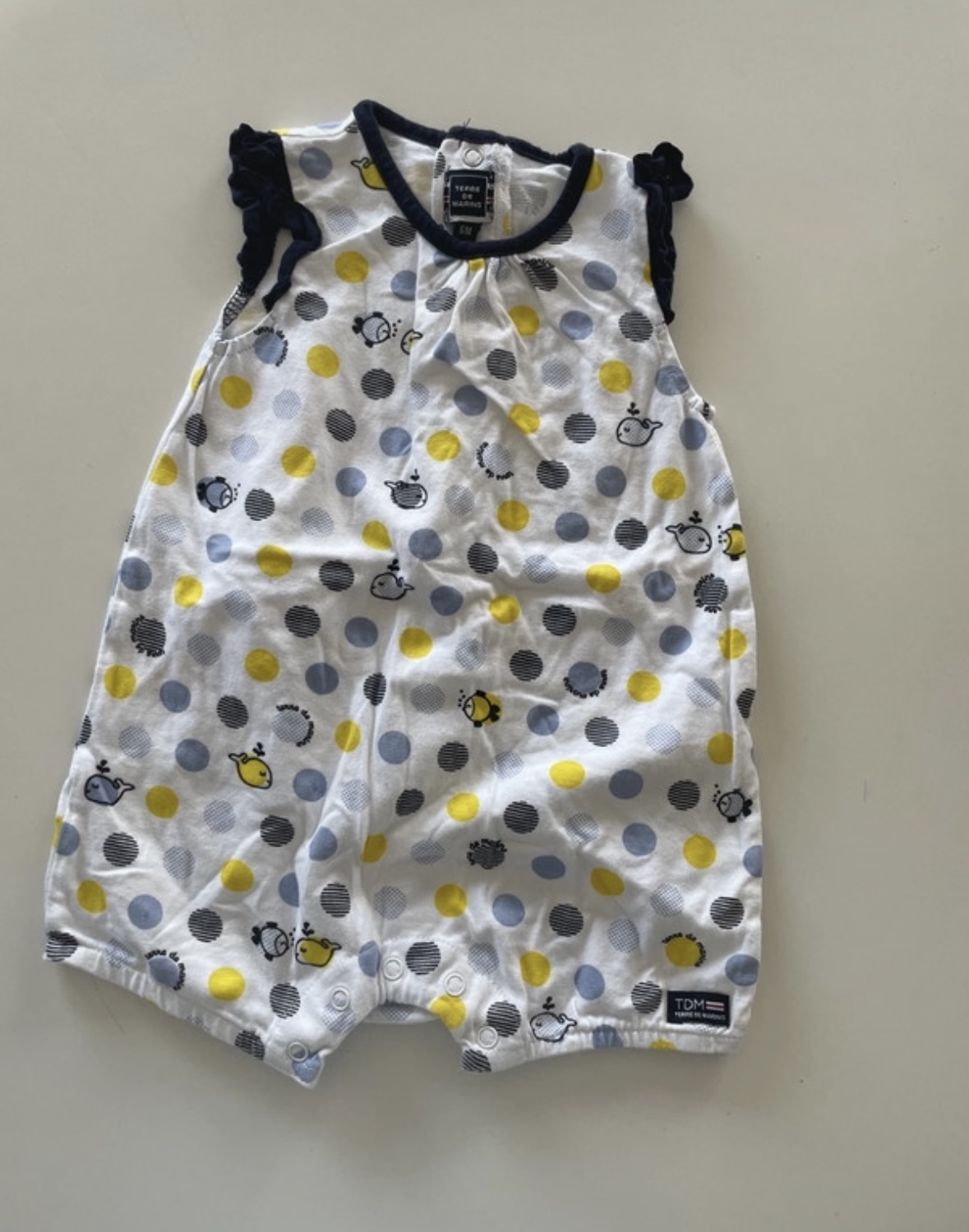 Barboteuse blanche à motifs bleu et jaune, Terre de marins, 6 mois