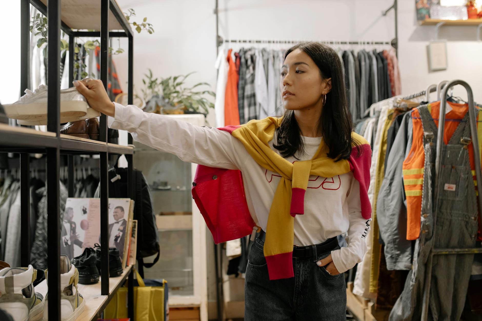 femme en veste jaune et jeans en denim bleu debout pres de porte vetements