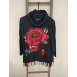 MBLA163 PULL COL ROULE BLEU AVEC GROSSE FLEUR ROSE DESIGUAL L