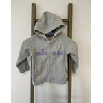 NJAN50 gilet gris à capuche avec ecriture violet, tex, 36 mois