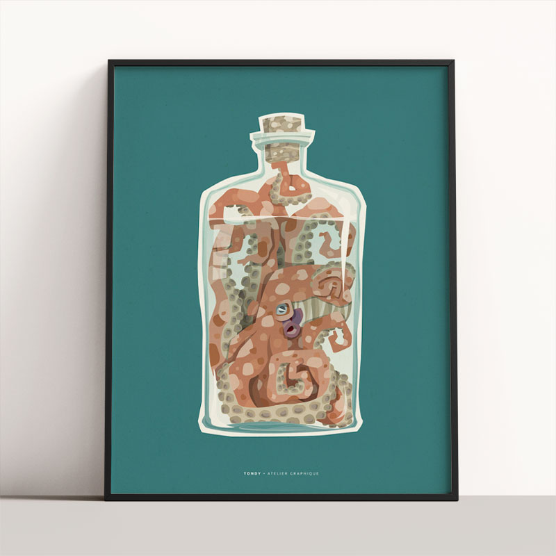 tondy-illustration-lille-affiche-bouteille-pieuvre-turquoise