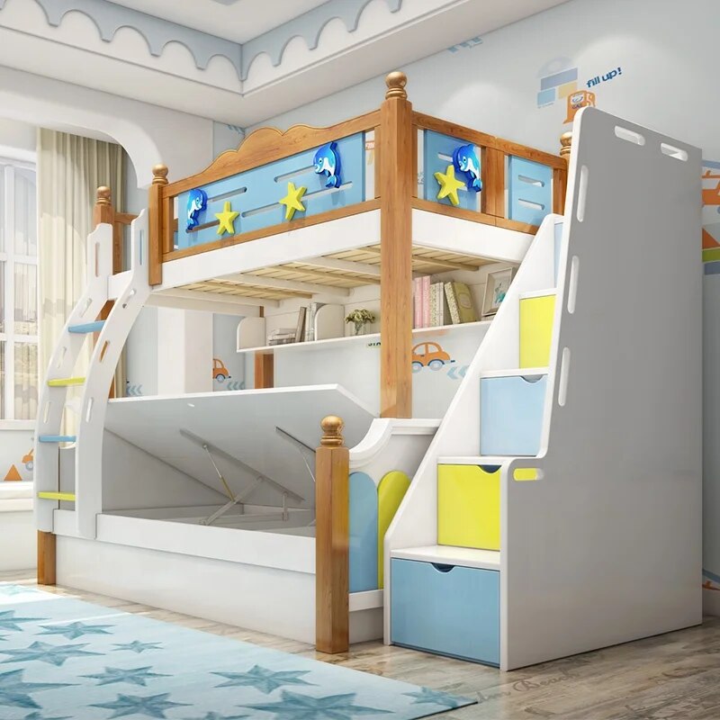 Lit-superpos-en-bois-color-pour-gar-ons-meubles-pour-enfants-avec-glissi-re