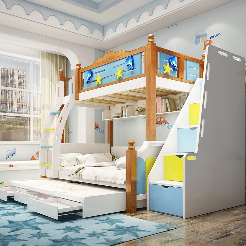 Lit-superpos-en-bois-color-pour-gar-ons-meubles-pour-enfants-avec-glissi-re