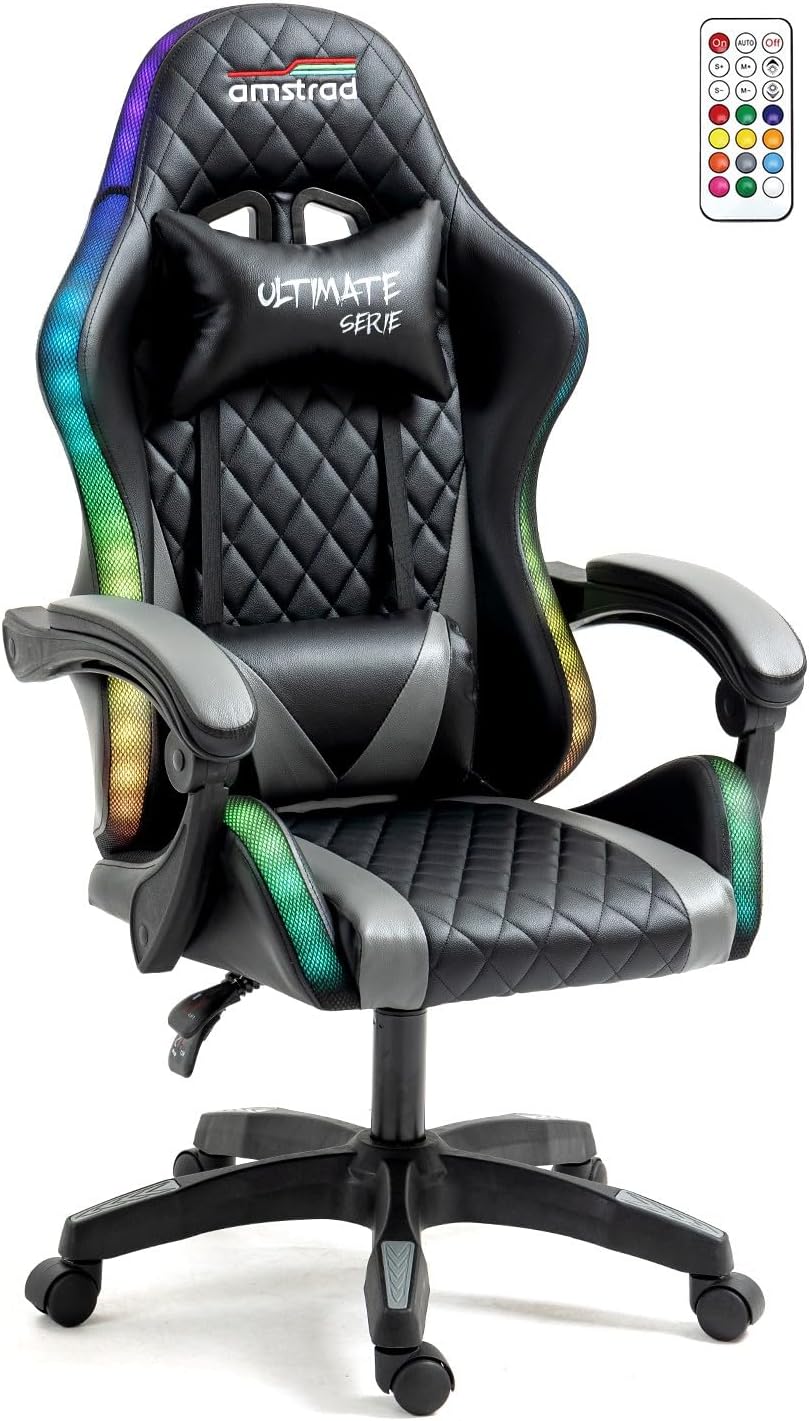 Amstrad Ultimate Sedia Gaming/Ufficio LED – Nero/Grigio, 366 Effetti Luci, Reclinabile 150°, Sostiene 130kg