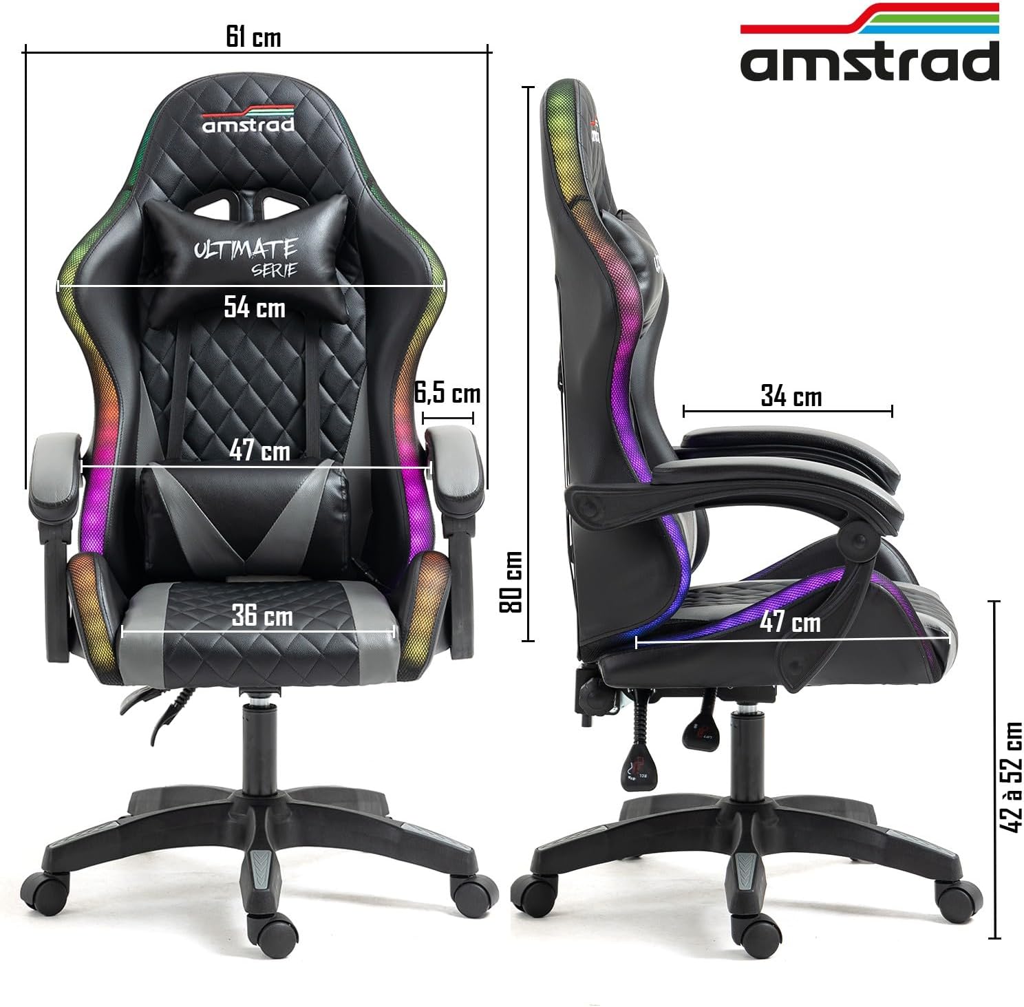 Ams-led-darkside Fauteuil / Chaise De Bureau Gamer Noir Eclairage Led 366 Effets Telecommande