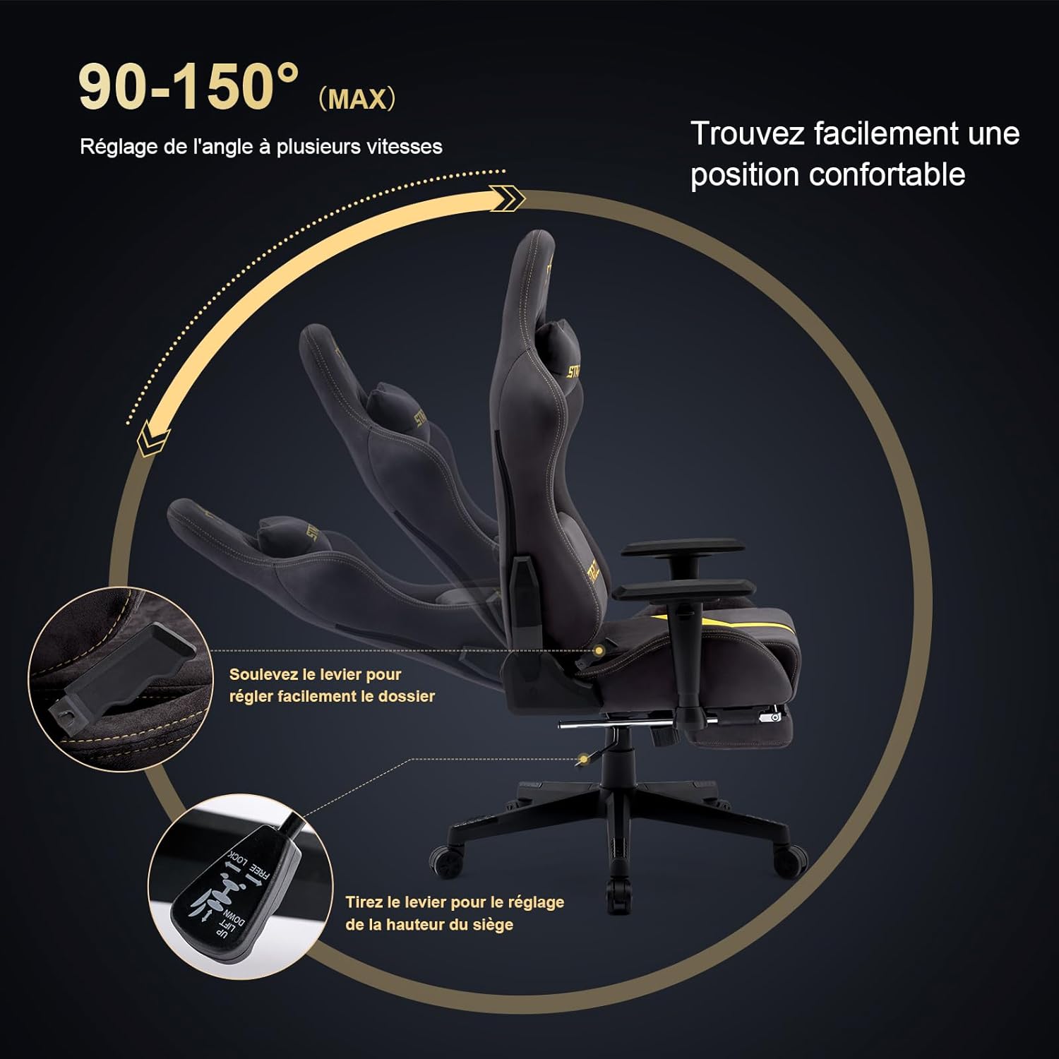 Huracan Chaise Gaming, Chair Gaming Avec Massage, Siège De Bureau GamingS En Cuir PU, Réglable Et Pivotante à 360°Fauteuil Gamer, Chaise Gamer Avec