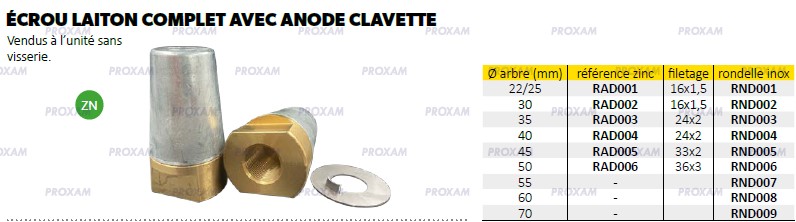 Ecrou laiton complet avec anode clavette - Anode zinc