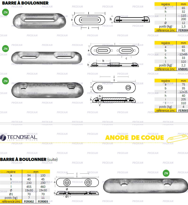 Barre à boulonner - Anode zinc