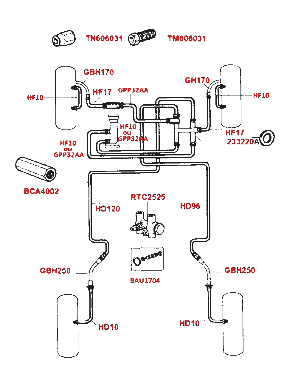 Schéma du circuit de freinage double circuit Mini 1974-1975 avec PDWA et les références des pièces