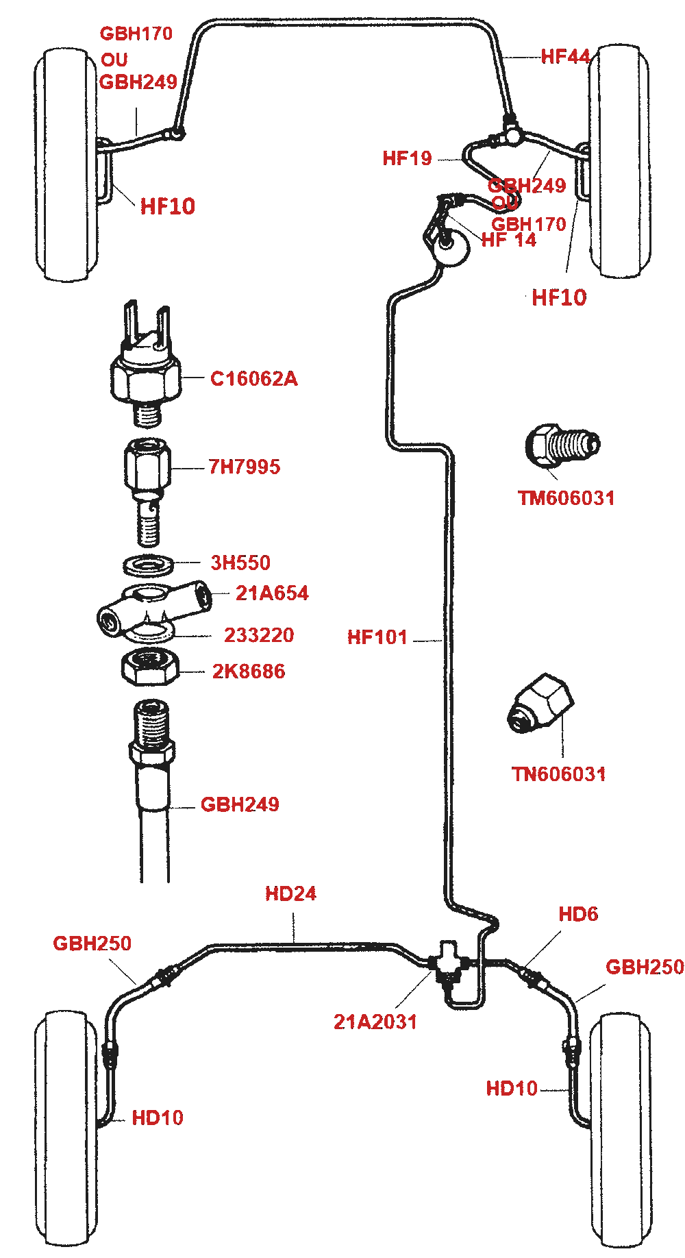 Schéma du circuit de freinage simple circuit Mini 1959-1975 et les références des pièces