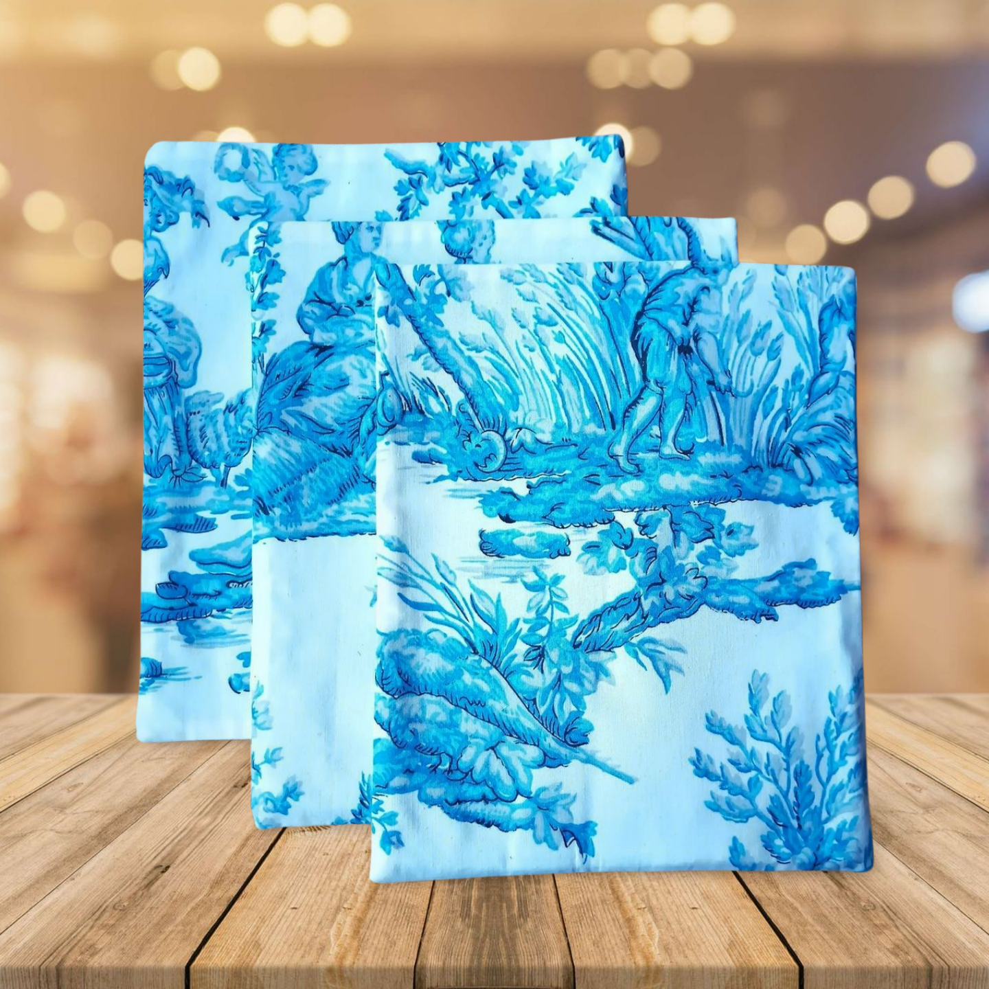 trois pochette à livres toile de Jouy bleu clair