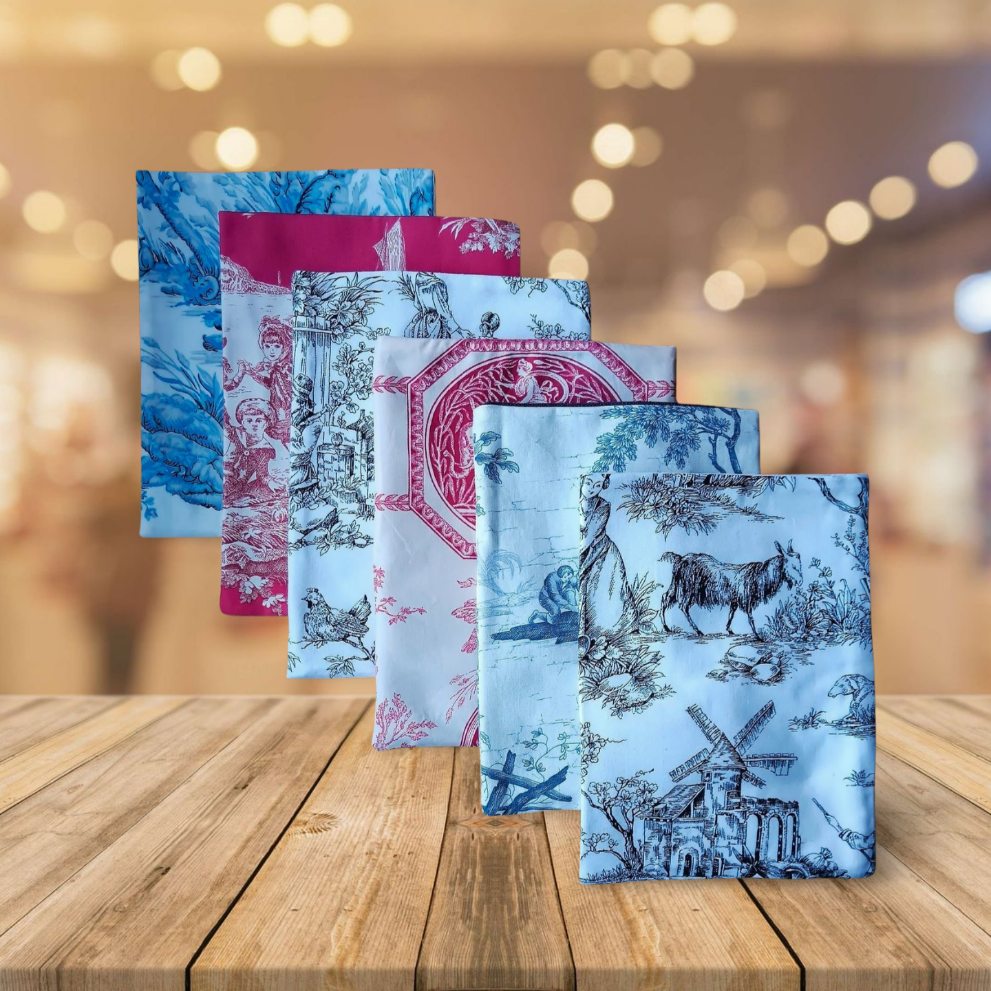 Pochettes à livres toiles de Jouy bleu rose noir