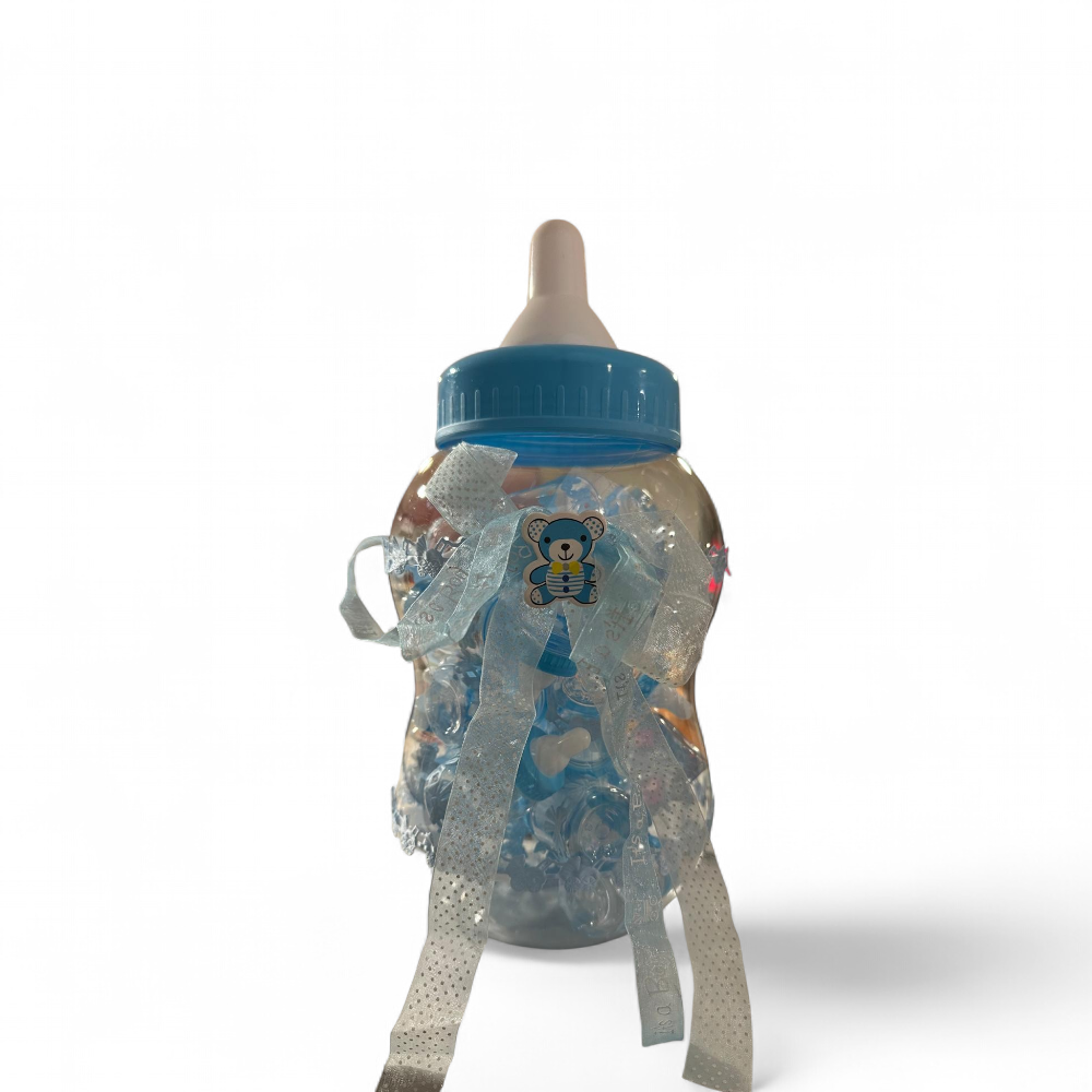 Biberon dragées bleu pour naissance