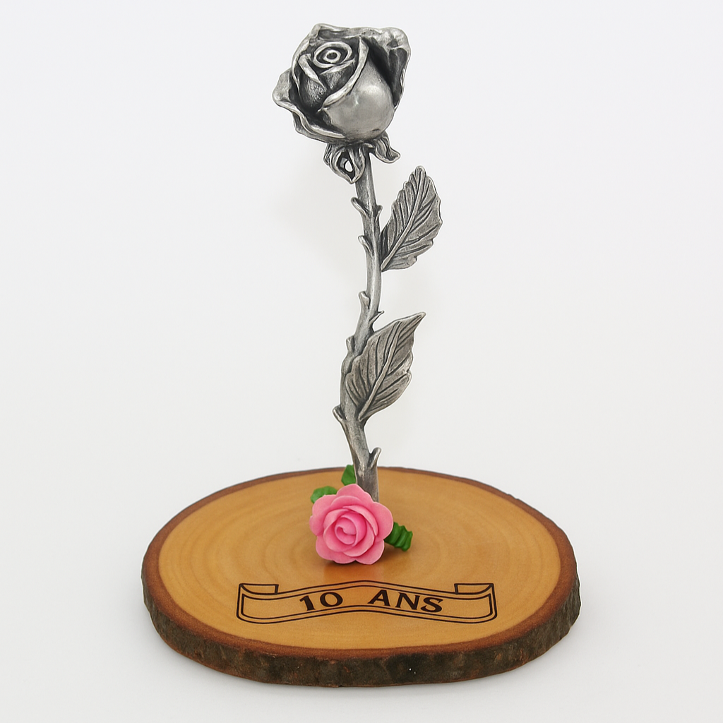 rose socle bois grave etain