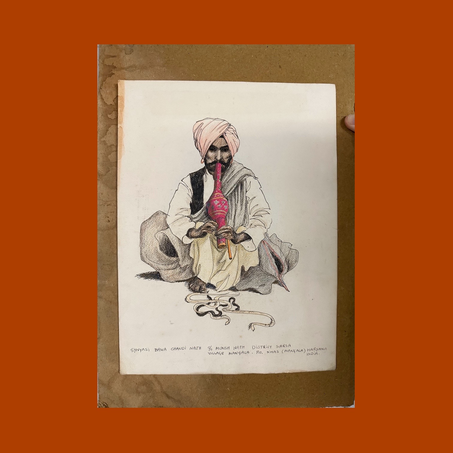 Dessin aux crayons et pastels Charmeur de serpents INDE. Bro1Des1. La Route des Rois. Brocante
