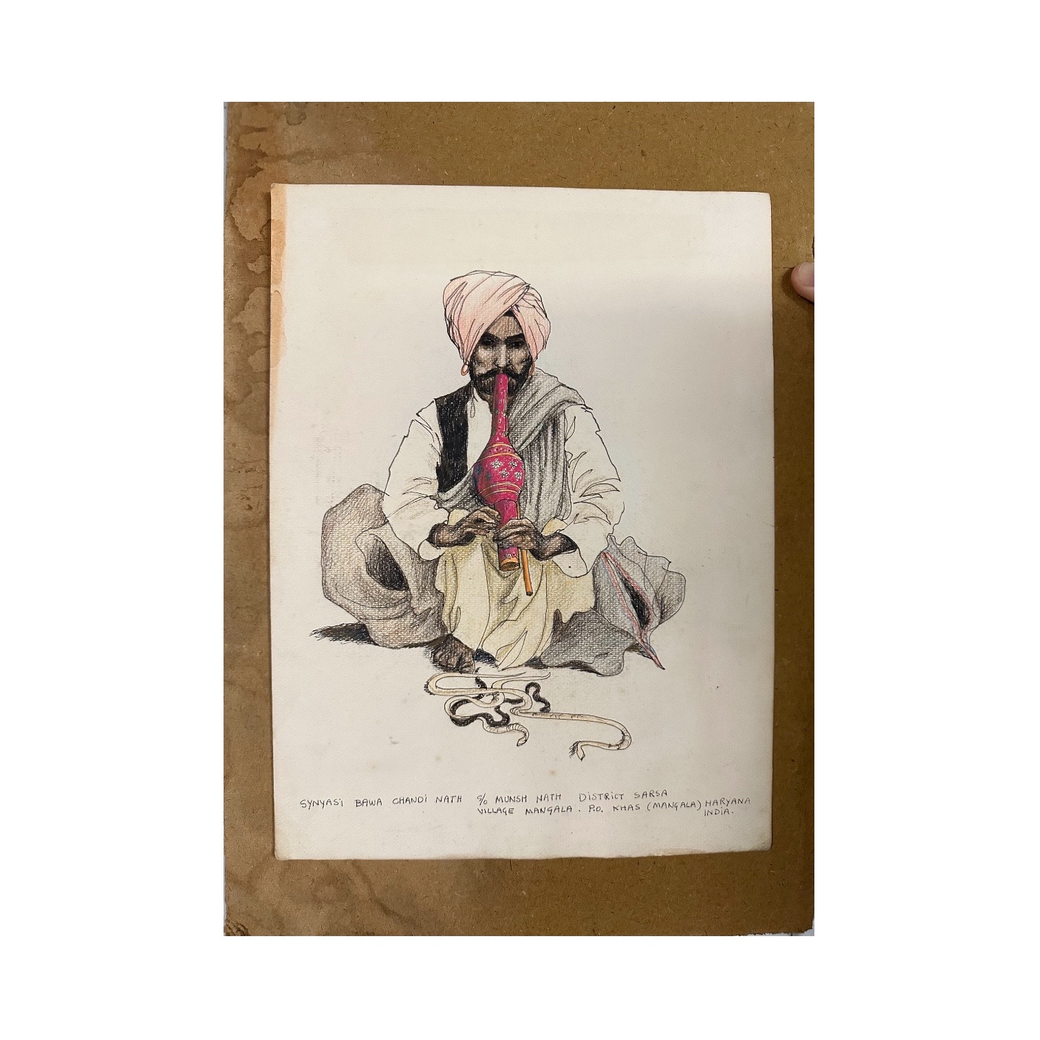 Dessin aux crayons et pastels Charmeur de serpents INDE. Bro1Des1. La Route des Rois. Brocante